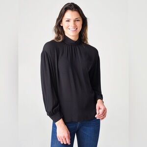 Vince 100% Silk Black Shirred Mock Neck Long Sleeve Blouse S